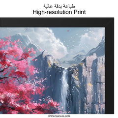 Pink Blossom Tree Wall Art, Waterfall Landscape Print, Nature Scenery Poster, Fantasy Mountain Painting, Serene Home Decor, Peaceful Wall - Tawshia