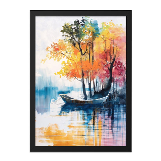 Watercolor Boat Wall Art, Autumn Trees Reflection Print, Lake Scene Painting, Colorful Landscape Home Decor, Serene Nature Artwork - Tawshia