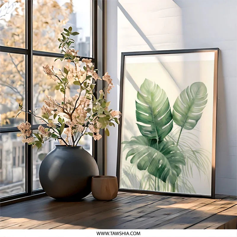 Monstera Leaf Wall Art, Tropical Plant Print, Botanical Art, Modern Home Decor, Green Leaves Wall Decor - Tawshia