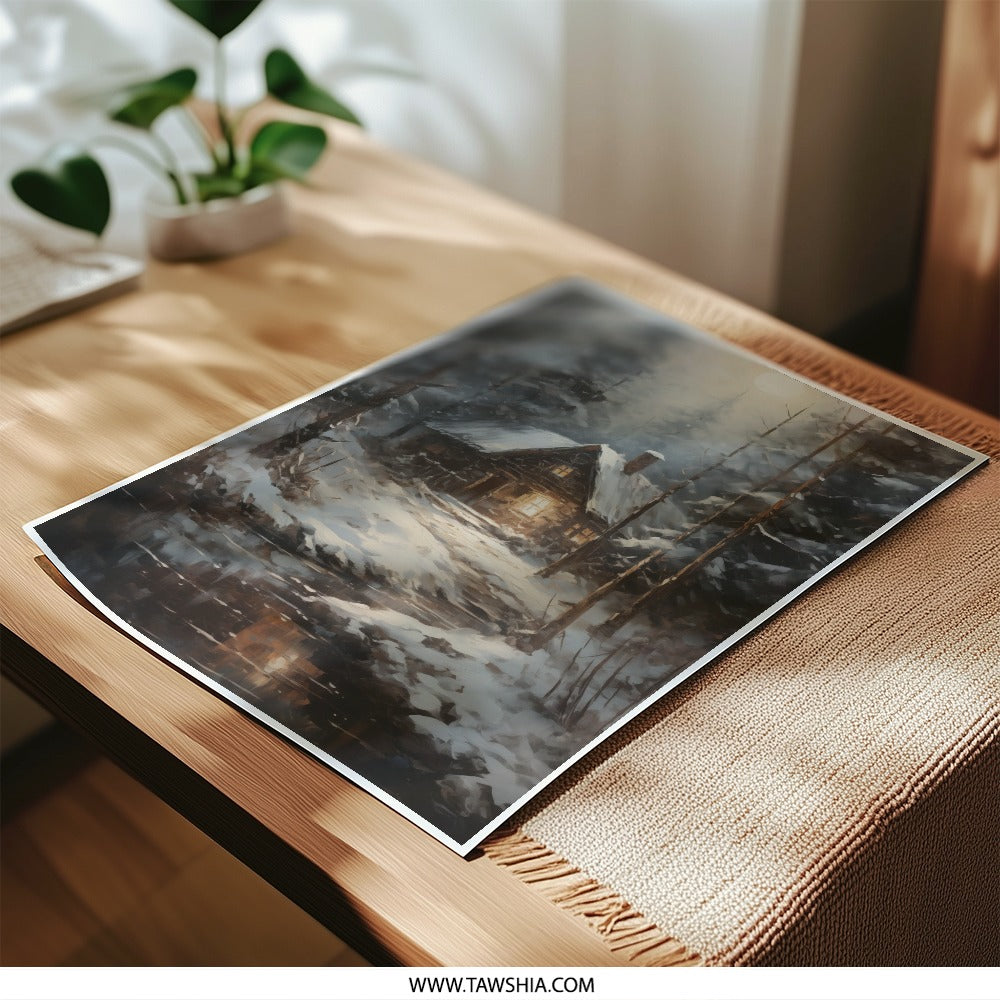 Winter Cabin Photographic Print, Snowy Forest Home Art, Cozy Home Decor, Landscape Photography, Holiday Gift Idea - Tawshia