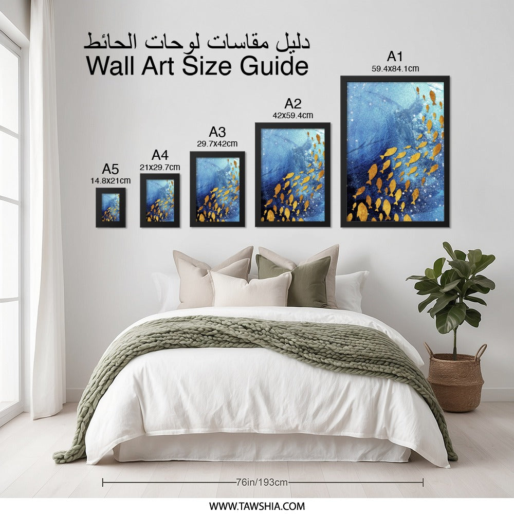 Golden Fish Wall Art, Blue Ocean Print, Modern Art Decor, Coastal Wall Hanging, Fish Illustration, Home Decor, Gold Fish Painting - Tawshia