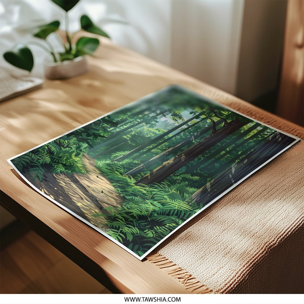 Forest Path Photographic Print, Green Woods, Nature Art, Peaceful Scene, Wall Decor, Home Decor, Forest Illustration - Tawshia