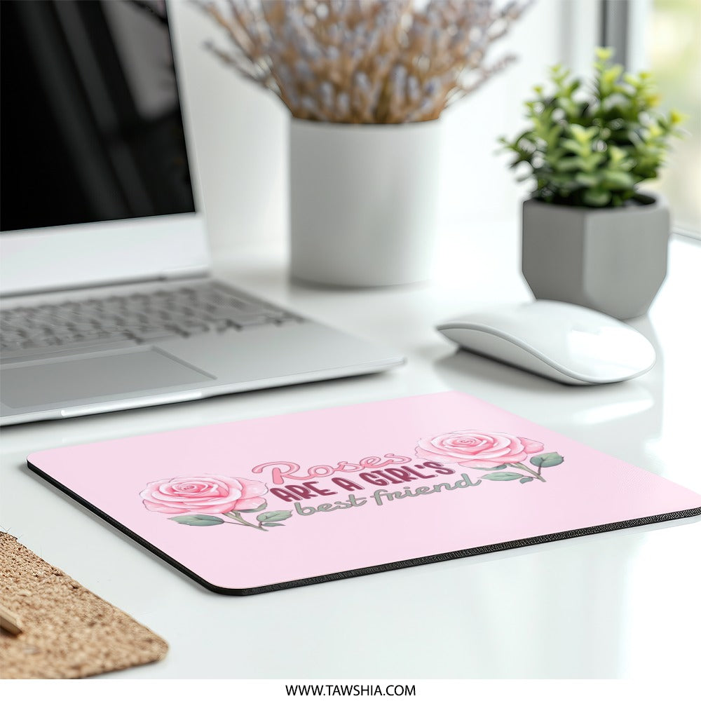 Pink Roses Mouse Pad, Floral Art, Gift for Her, Roses are a Girl's Best Friend Mousepad, Cute Office Decor, Gaming Accessories - Tawshia