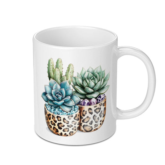 Succulent Mug, Leopard Print, Cactus Lover Gift, Plant Mom Gift, Cute Coffee Mug, Tea Cup, Succulent Lover, Houseplant Gifts, Boho Mug - Tawshia