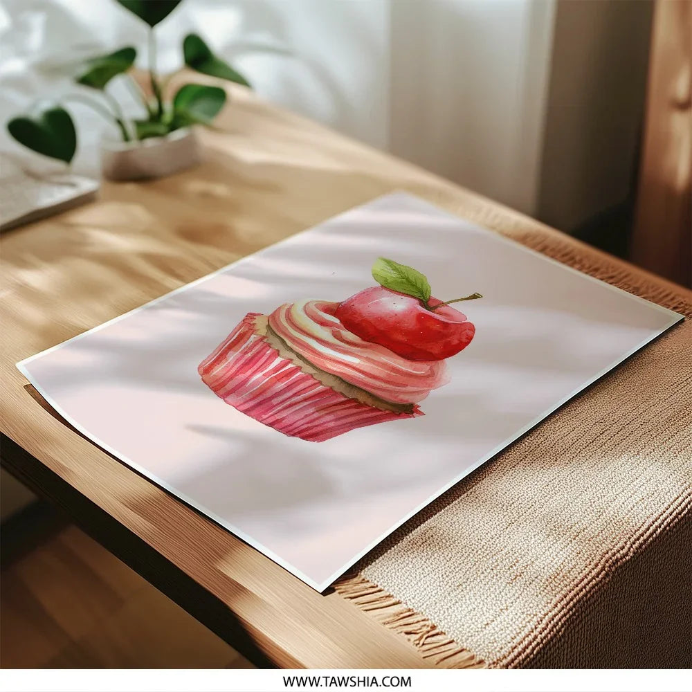 Watercolor Cupcake Photographic Prints, Cherry Topped Cupcake Art, Dessert Wall Decor, Whimsical Kitchen Art, Food Photography - Tawshia