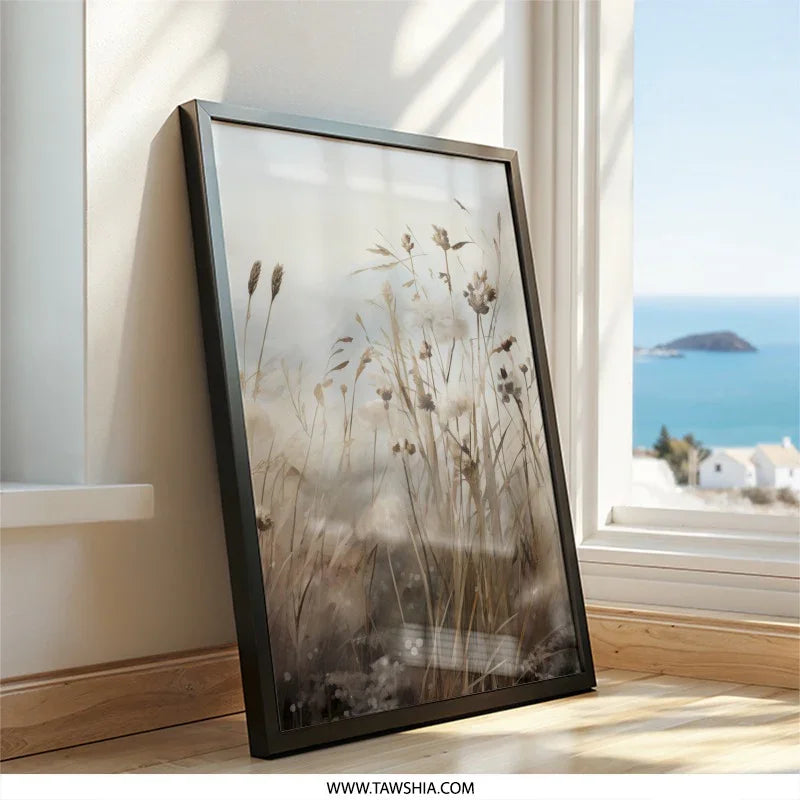 Dried Flowers Wall Art, Neutral Botanical Print, Beige Grass Artwork, Minimalist Nature Decor, Modern Floral Home Art, Landscape Wall Decor - Tawshia