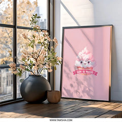 Cute Cupcake Wall Art, Kawaii Dessert Print, Life is Sweet Decor, Pink Foodie Art, Nursery Wall Decor, Kids Room Art, Sweet Treat Art - Tawshia
