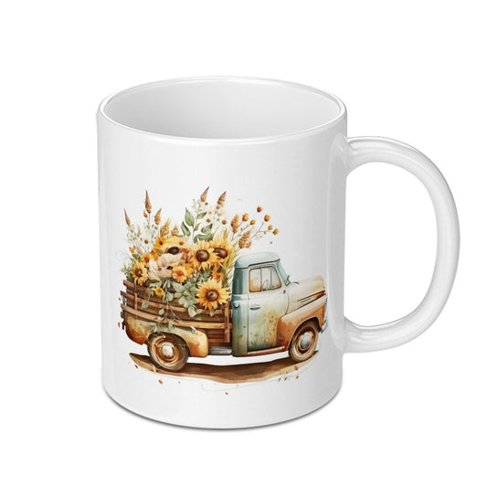 Floral Truck Mug, Sunflower Mug, Vintage Truck Mug, Fall Mug, Autumn Mug, Farmhouse Mug, Flower Mug, Gift for Her, Coffee Mug (138) - Tawshia
