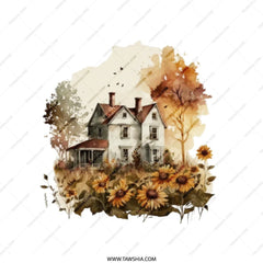 Watercolor Farmhouse Tote Bag, Sunflower Field, Country Home, Fall Colors, Autumn Landscape, Floral Art, Bird Silhouettes - Tawshia