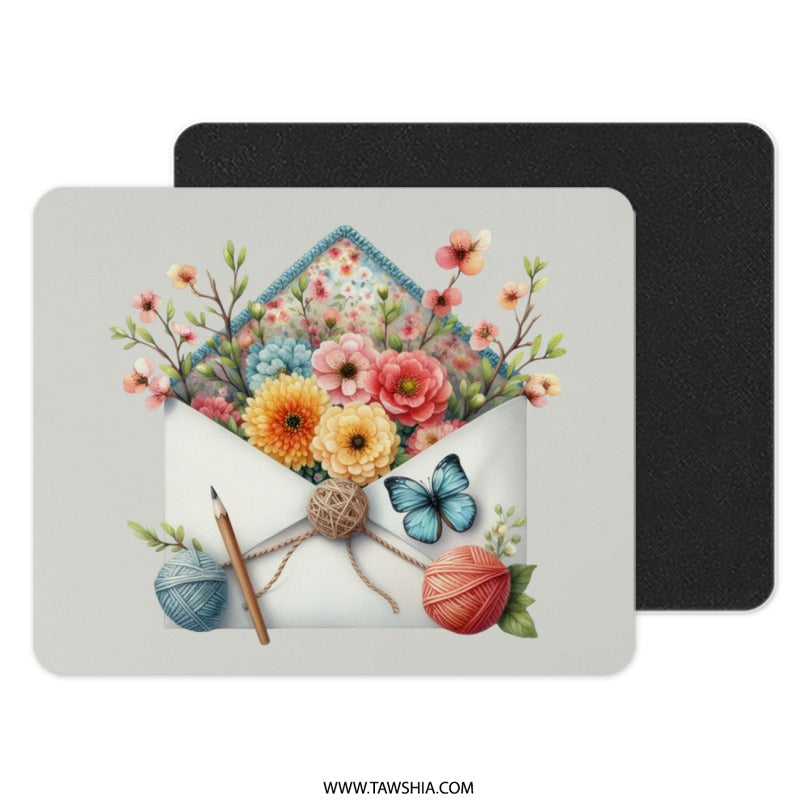 Floral Envelope Mouse Pad, Butterfly Art Mousepad, Flower Arrangement, Yarn and Pencil Art, Cute Office Decor, Unique Desk Accessory - Tawshia