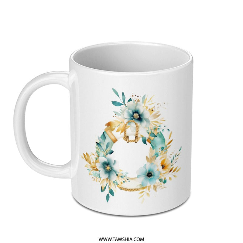 Floral Wreath Mug, Nautical Decor, Beachy Coffee Mug, Summer Gift, Coastal Design Mug, Unique Gifts, Decorative Mugs, Flower Pattern, Mugs - Tawshia