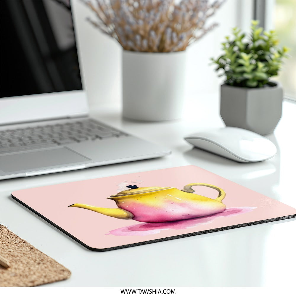 Watercolor Teapot Mouse Pad, Pink and Yellow Tea Pot Computer Accessory, Cute Desk Mat, Office Gift Idea, Tea Lover Gift - Tawshia
