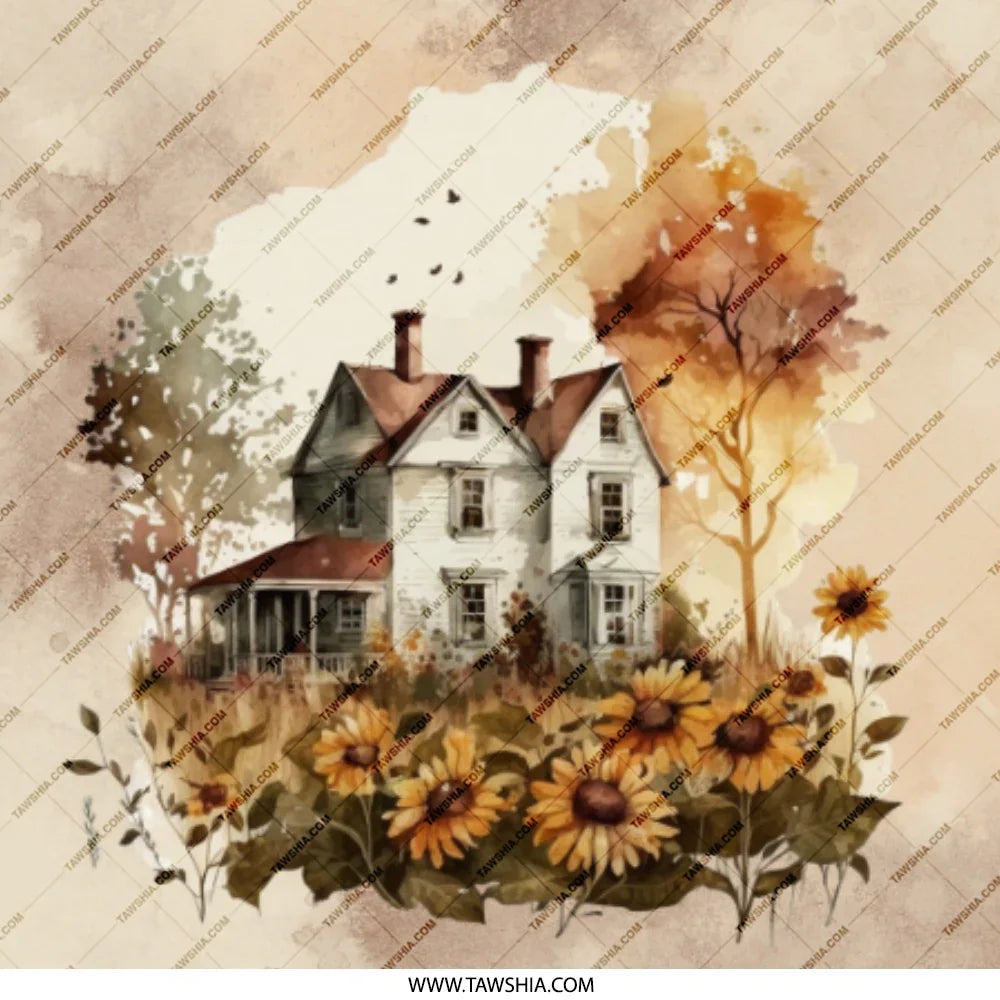 Watercolor Farmhouse Pinback, Sunflower Field, Country Home Badge, Autumn Decor, Fall Aesthetic, Cottagecore Style, Scenic Landscape - Tawshia