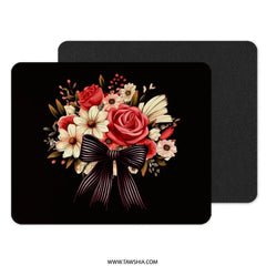 Floral Mouse Pad, Red Roses, Striped Bow, Decorative Computer Accessory, Elegant Desk Decor, Trendy Gift Idea - Tawshia
