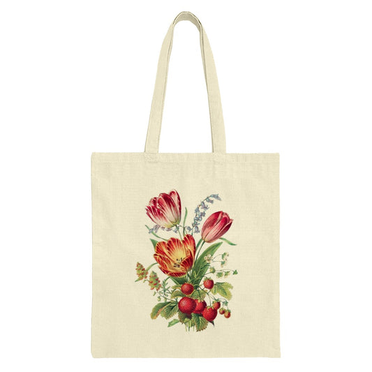 Floral Tote Bag, Vintage Tulips, Strawberry Design, Botanical Art Tote, Everyday Carry Bag, Stylish Market Tote, Gift for Her, Grocery Bag - Tawshia
