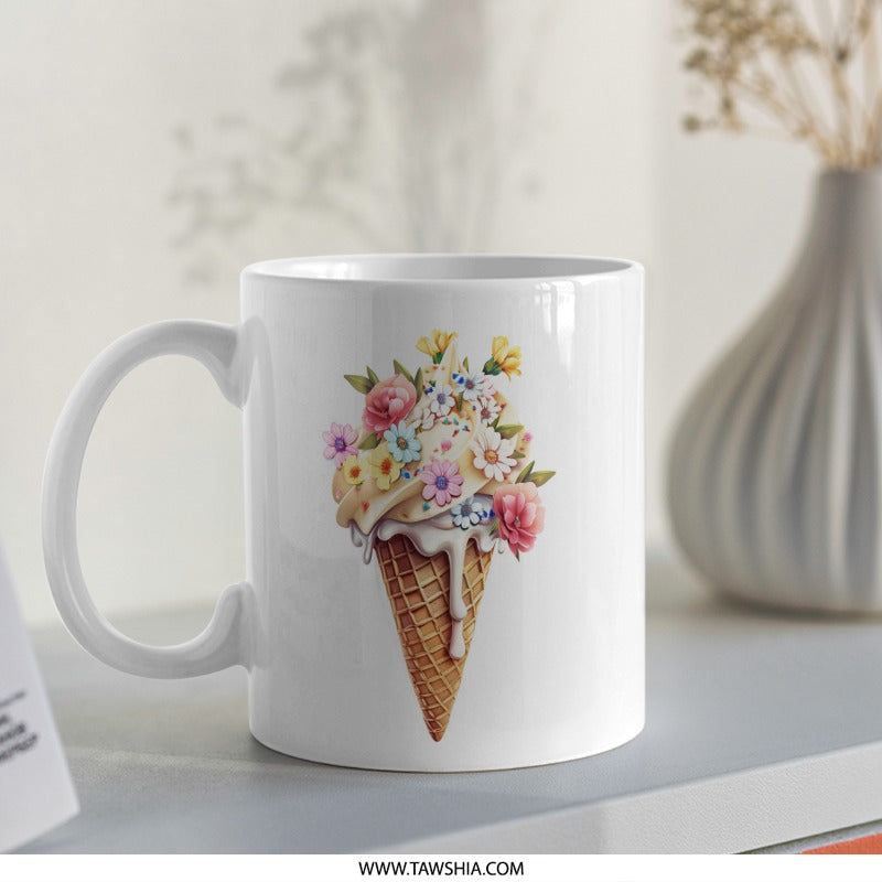 Floral Ice Cream Cone Mug, Cute Mug, Coffee Mug, Tea Mug, Unique Design Mug, Gift Mug, Flower Mug, Food Mug, Drinkware Mug (134) - Tawshia