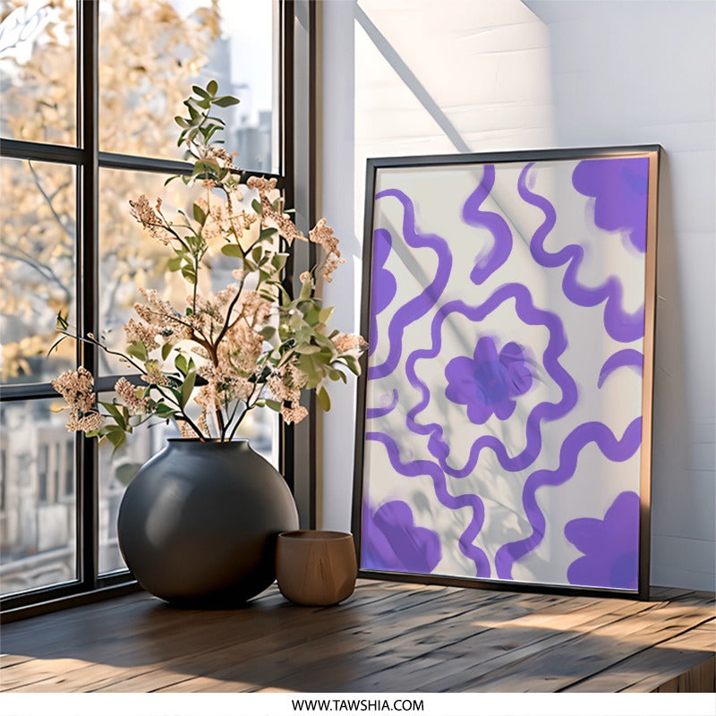 Floral Swirls Wall Art, Purple Flower Print, Abstract Wall Decor, Modern Home Art, Trendy Wall Hanging, Chic Artwork, Gift Idea - Tawshia