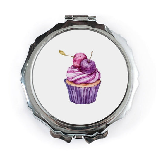 Cherry Cupcake Pocket Mirror, Watercolor Food Art, Cute Compact Mirror, Baker Gift, Sweet Treat Design, Portable Makeup Mirror for Purse - Tawshia