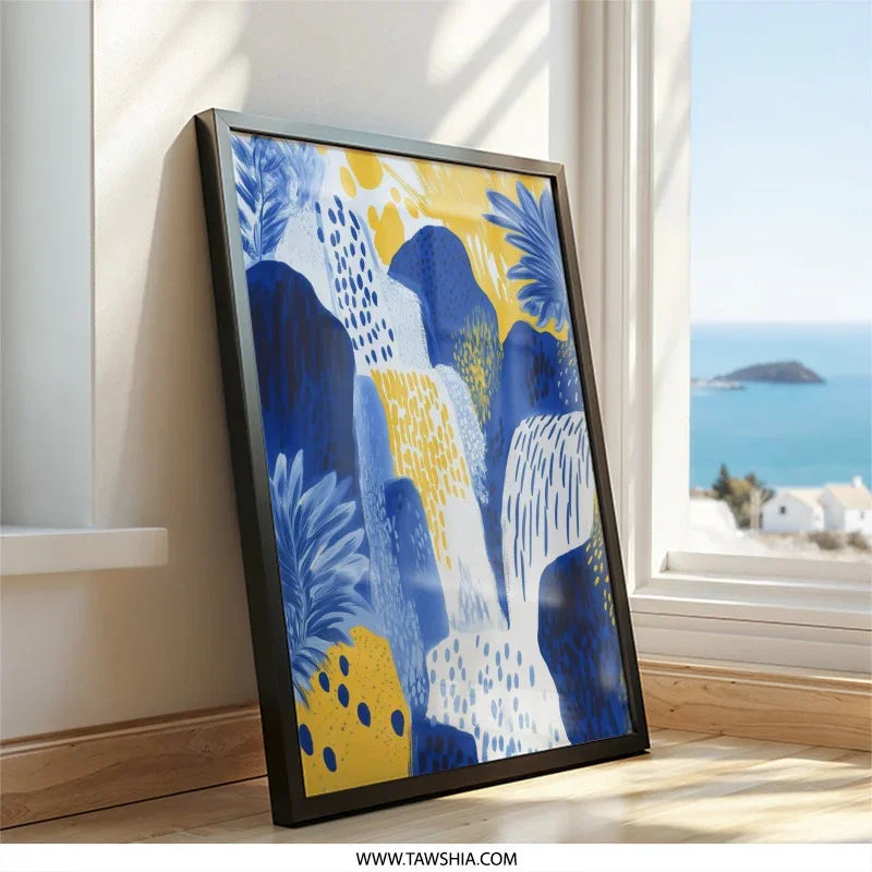 Abstract Landscape Wall Art, Blue Yellow Print, Modern Home Decor, Nature Inspired Artwork, Unique Wall Decor - Tawshia