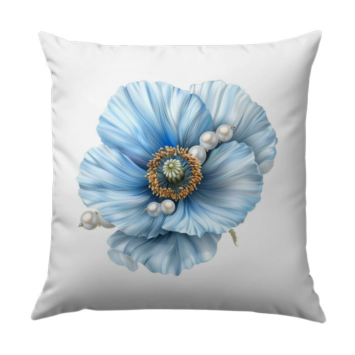 Blue Poppy Pillow, Floral Accent Pillow, Decorative Home Decor, Flower Throw Pillow, Pearl Adorned Pillow, Elegant Gift Idea - Tawshia