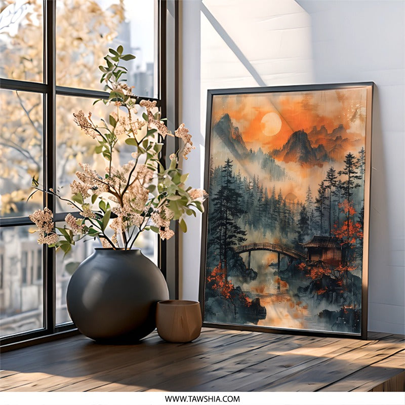 Japanese Landscape Wall Art, Oriental Bridge Print, Asian Scenery Art, Mountain Sunrise Painting, Peaceful Home Decor, Nature Wall Decor - Tawshia