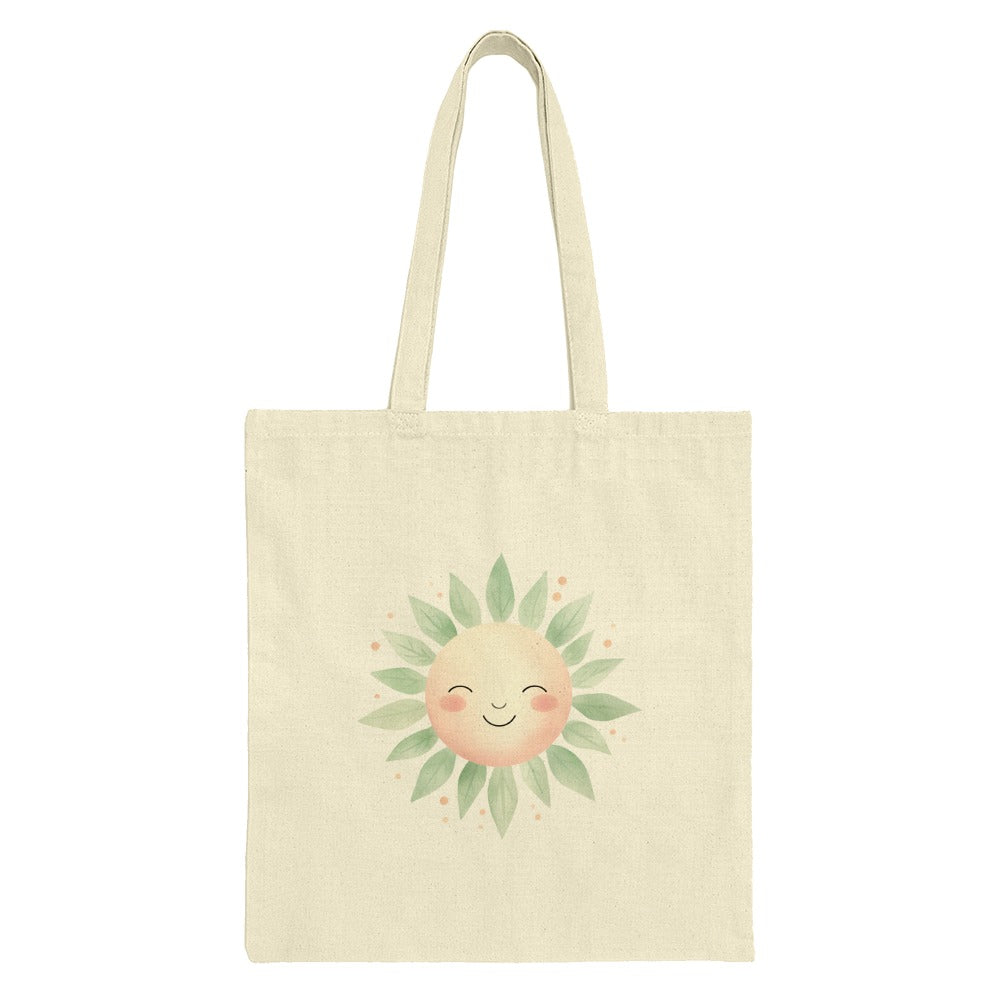 Smiling Sun Tote Bag, Cute Leaf Design, Unique Shopping Bag, Everyday Carry All, Graphic Print Tote, Gift Idea, Artsy Sun Face Bag - Tawshia
