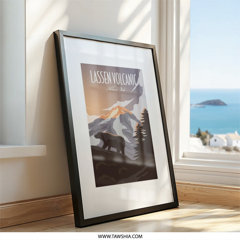 Lassen Volcanic Wall Art, National Park Decor, Mountain Landscape Print, Bear Illustration, Nature Home Decor, Adventure Art - Tawshia