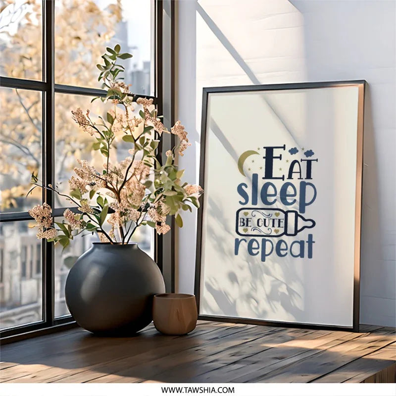 Eat Sleep Be Cute Repeat Wall Art, Nursery Decor, Baby Room, Kids Room Art, Modern Minimalist Design, Framed Art, Wall Decor - Tawshia