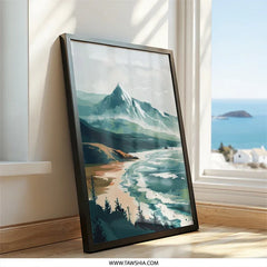 Mountain Ocean Wall Art, Coastal Landscape Print, Abstract Nature Scenery, Home Decor, Modern Art Print, Wall Decor, Framed Wall Art - Tawshia
