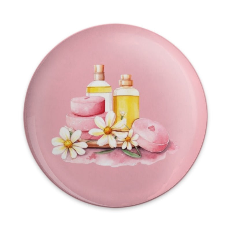 Spa Day Pinback Button, Skincare Soap, Lotion and Daisy Flower Button, Cute Button Pin, Trendy Buttons, Gift for Her, Pink Button Badge - Tawshia
