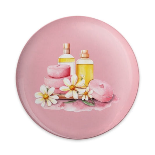 Spa Day Pinback Button, Skincare Soap, Lotion and Daisy Flower Button, Cute Button Pin, Trendy Buttons, Gift for Her, Pink Button Badge - Tawshia