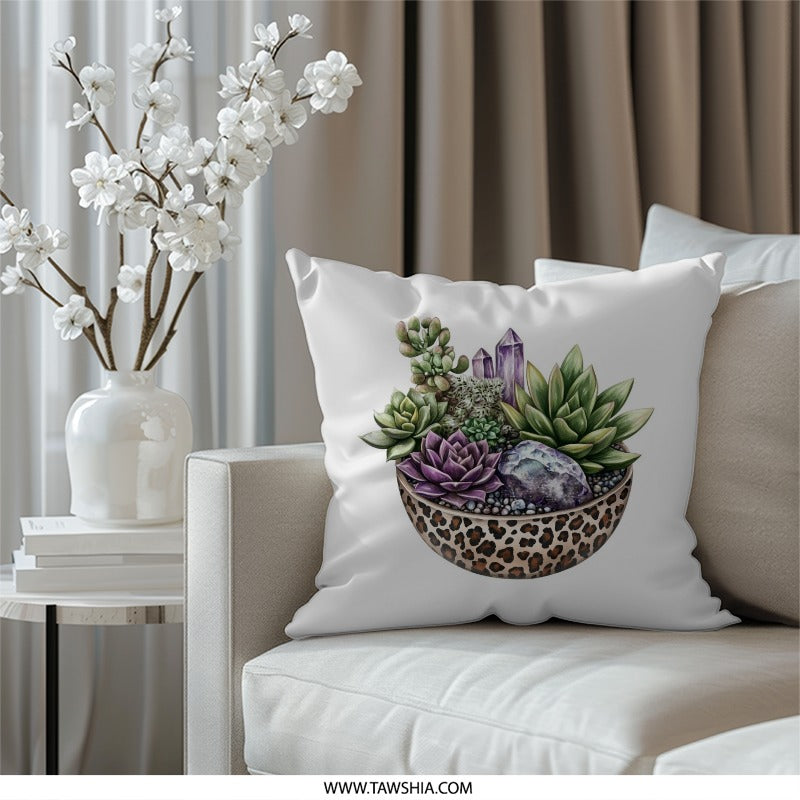 Succulent and Crystal Pillow, Leopard Print Planter Throw Pillow, Modern Home Decor Pillow, Decorative Pillows for Couch, Indoor Pillows - Tawshia