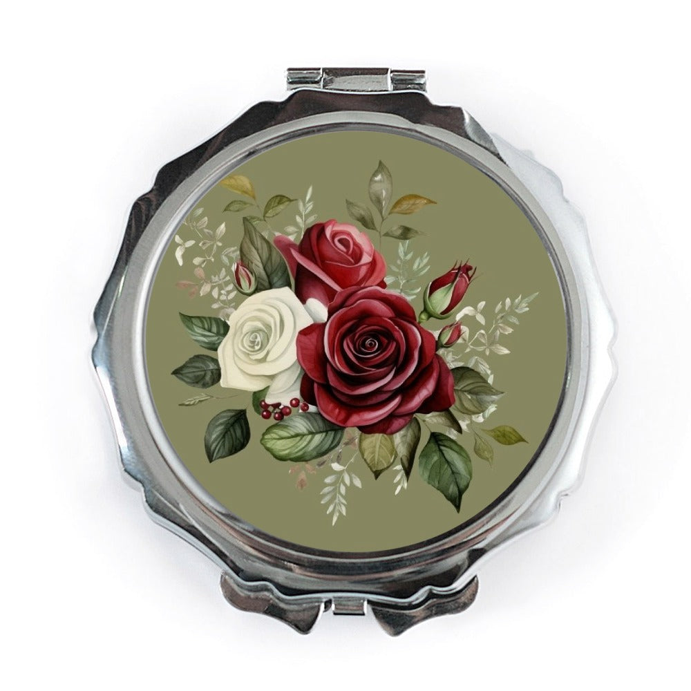 Floral Pocket Mirror, Rose Pocket Mirror, Elegant Pocket Mirror, Botanical Art Compact Mirror, Red White Roses Gift, Flower Girl Gift - Tawshia