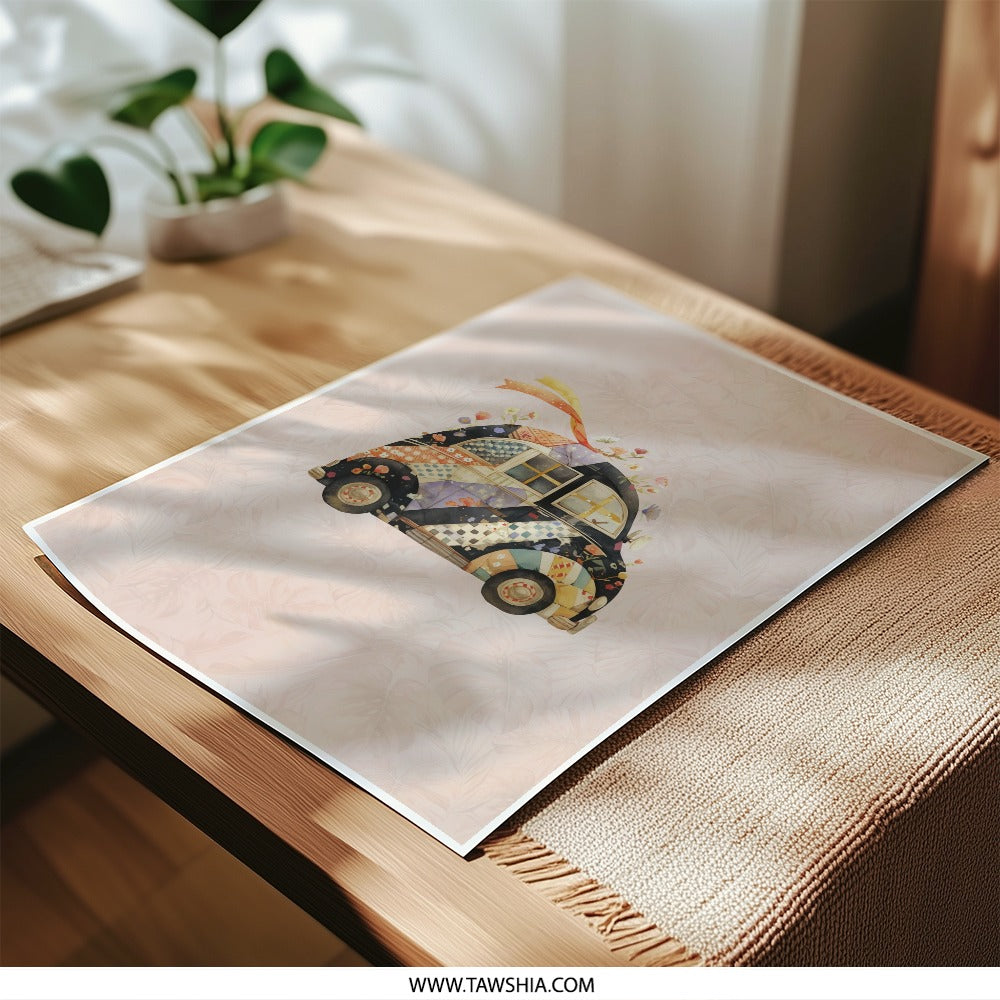 Quilted Car Photographic Print, Whimsical Art Print, Floral Vehicle, Unique Wall Decor, Transportation Print, Nursery Art, Cute Car Art - Tawshia