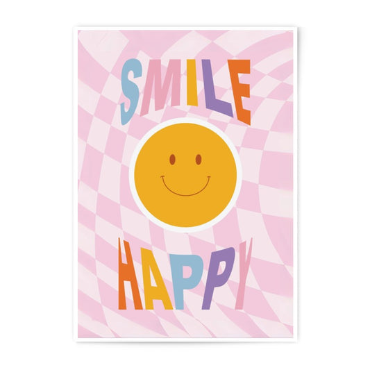 Smile Happy Photographic Print, Retro Smiley Face Art, Pink Checkered Decor, Positive Vibes Wall Art, Trendy Home Decor, Funky Print - Tawshia