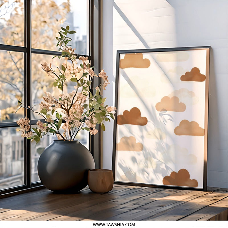 Brown Clouds Wall Art, Nursery Decor, Dreamy Sky Print, Kids Room Art, Cute Cloud Illustration, Whimsical Wall Hanging, Modern Wall Decor - Tawshia