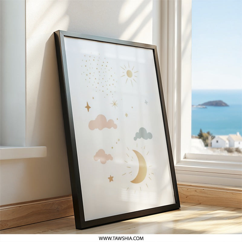 Celestial Wall Art, Nursery Decor, Moon Stars Print, Kids Room Art, Dreamy Sky Art, Baby Shower Gift, Whimsical Art Print, Unique Wall Decor - Tawshia