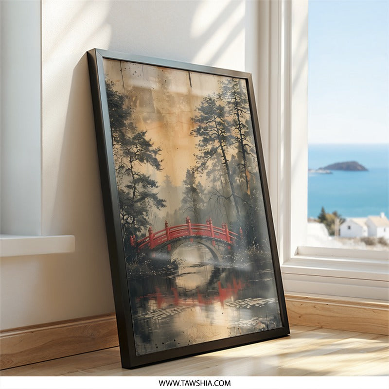 Red Bridge Japanese Wall Art, Oriental Scenery Print, Asian Landscape Decor, Peaceful River Artwork, Serene Wall Hanging - Tawshia