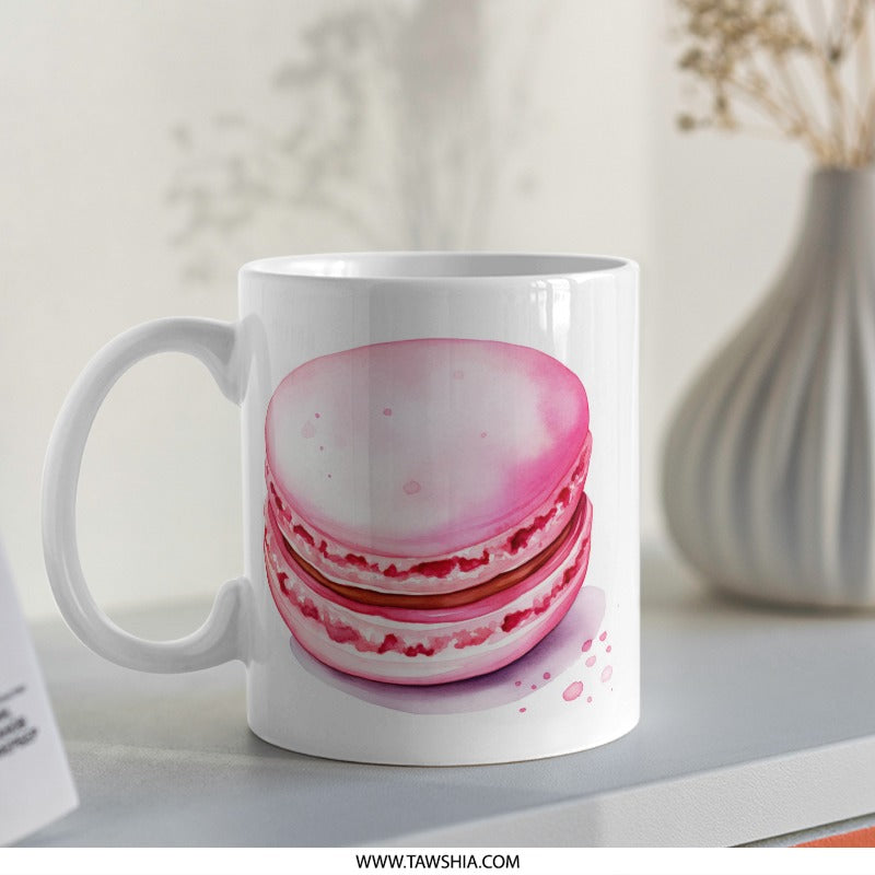 Macaron Mug, Pink Macaroon Art, Foodie Gift, Pastry Lover, Dessert Coffee Mug, Kitchen Decor, Watercolor Design, Cute Sweet Treat Mug - Tawshia