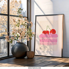 Cherry Cake Wall Art, Foodie Print, Kitchen Decor, Dessert Illustration, Modern Home Art, Sweet Treat Art, Playful Artwork - Tawshia