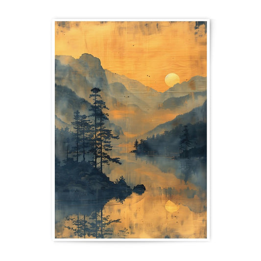 Misty Mountain Lake Photographic Print, Golden Sunset Reflection, Peaceful Nature Art, Wall Decor, Home Decor, Landscape Photography - Tawshia