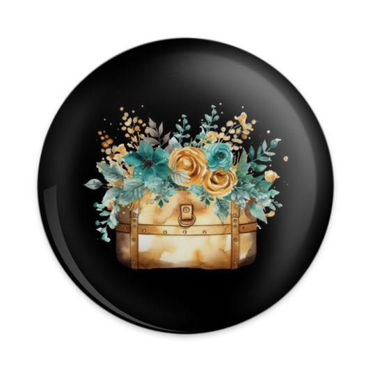 Floral Treasure Chest Pinback Button, Elegant Bouquet Badge, Vintage Suitcase Jewelry, Decorative Flower Pin, Chic Accessory Button - Tawshia
