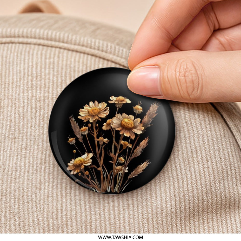 Floral Pinback Button, Wildflower Button, Botanical Badge, Flower Lover Gift, Aesthetic Pin, Black Background Pin, Trendy Accessory - Tawshia