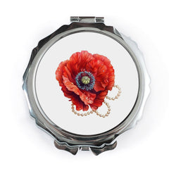 Red Poppy Pocket Mirror, Floral Compact Mirror, Pearl Jewelry Art, Elegant Makeup Mirror, Flower Pocket Mirror, Gift for Her - Tawshia