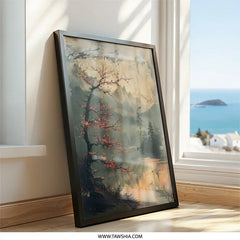 Japanese Cherry Blossom Wall Art, Mountain Lake Scene Print, Tranquil Landscape Painting, Serene Wall Decor, Nature Inspired Artwork - Tawshia