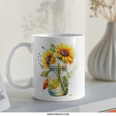 Sunflower Mug, Floral Watercolor Design, Mason Jar Art, Coffee Mug, Tea Cup, Gift Idea, Unique Present, Flower Lover Gift - Tawshia