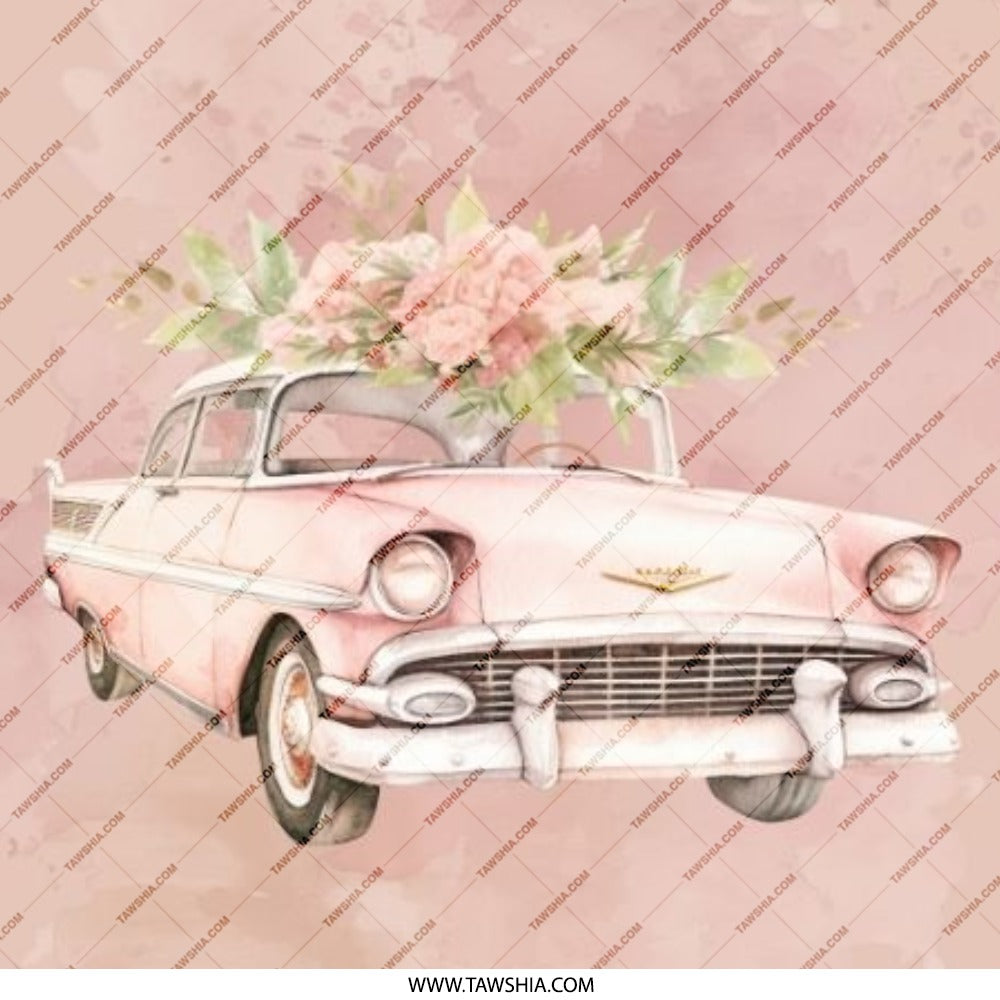 Pink Car with Flowers Pinback Button, Classic Car Pin, Vintage Car Button, Aesthetic Car Design, Car Lover Gift, Trendy Pinback Button - Tawshia