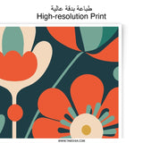 Retro Floral Photographic Print, 70s Flower Power Art, Mid Century Modern Wall Decor, Botanical Print, Dark Teal Background, Home Decor - Tawshia