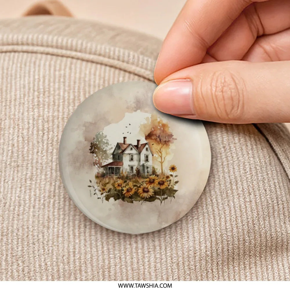 Watercolor Farmhouse Pinback, Sunflower Field, Country Home Badge, Autumn Decor, Fall Aesthetic, Cottagecore Style, Scenic Landscape - Tawshia