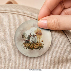 Watercolor Farmhouse Pinback, Sunflower Field, Country Home Badge, Autumn Decor, Fall Aesthetic, Cottagecore Style, Scenic Landscape - Tawshia